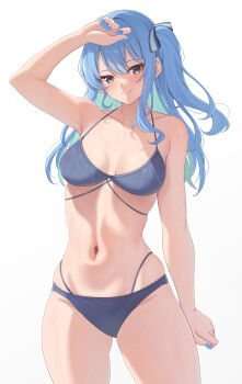1girl absurdres alternate_breast_size_(larger) aoi_zerii arm_up asymmetrical_sidelocks bikini blue_bikini blue_eyes blue_hair blue_nails breasts closed_mouth colored_inner_hair commentary cowboy_shot double-parted_bangs hair_between_eyes halterneck highleg highleg_bikini highres hololive hoshimachi_suisei long_hair looking_at_viewer medium_breasts multi-strapped_bikini_bottom multi-strapped_bikini_top multicolored_hair nail_polish navel official_alternate_hairstyle one_side_up sidelocks simple_background smile solo star_(symbol) star_in_eye stomach swimsuit symbol_in_eye virtual_youtuber white_background