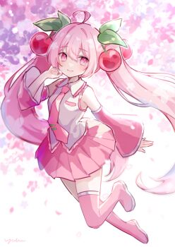 Rule 34 | 1girl, ahoge, bare shoulders, boots, cherry hair ornament, closed mouth, collared shirt, commentary, detached sleeves, food-themed hair ornament, full body, hair between eyes, hair intakes, hair ornament, hand up, hatsune miku, highres, light smile, long hair, long sleeves, looking at viewer, miniskirt, necktie, pink boots, pink eyes, pink hair, pink necktie, pink skirt, pink sleeves, pleated skirt, sakura miku, shirt, skirt, sleeveless, sleeveless shirt, solo, symbol-only commentary, thigh boots, thighhighs, tie clip, twintails, vocaloid, white shirt, wide sleeves, yukomeow, zettai ryouiki