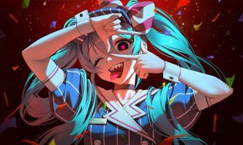 1girl absurdres apron aqua_hair black_choker black_eyes blue_dress bow check_commentary choker commentary commentary_request confetti daae dress finger_frame finger_frame_over_eye hatsune_miku head_tilt highres long_hair looking_at_viewer looking_through_fingers mesmerizer_(vocaloid) one_eye_closed open_mouth pink_pupils red_sky sharp_teeth sky striped_bow teeth tongue tongue_out twintails upper_body visor_cap vocaloid waist_apron white_wrist_cuffs wrist_cuffs