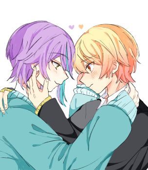 2boys blush gradient_hair hand_on_another's_face hand_on_another's_shoulder heart highres kamishiro_rui long_sleeves looking_at_another multicolored_hair multiple_boys orange_eyes plumx100x project_sekai purple_hair smile tenma_tsukasa white_background yellow_eyes
