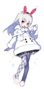 1girl abiru_rabi animal_ears coat commentary_request full_body gloves highres long_hair looking_at_viewer namaniku_atk open_mouth pink_eyes pom_pom_(clothes) rabbit_ears skirt smile solo thighhighs tokyo_necro tokyo_necro_suicide_mission white_coat white_hair winter_clothes zettai_ryouiki
