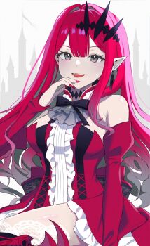 1girl baobhan_sith_(fate) baobhan_sith_(first_ascension)_(fate) bare_shoulders breasts detached_sleeves dress fangs fate/grand_order fate_(series) grey_eyes highres large_breasts long_hair looking_at_viewer open_mouth red_dress red_hair red_nails solo umirunie