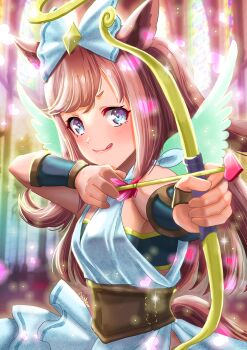1girl agnes_digital_(umamusume) alternate_costume animal_ears armpits arrow_(projectile) bare_shoulders blue_eyes bow bow_(weapon) breasts brown_corset commentary_request corset cupid dress fake_wings hair_bow heart highres horse_ears horse_girl horse_tail otono_(bkt4b) pink_hair signature small_breasts solo tail tongue tongue_out umamusume weapon white_bow white_dress wings