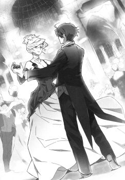 Rule 34 | ahoge, breasts, cleavage, dancing, dress, dutch angle, elbow gloves, formal clothes, full body, glasses, gloves, greyscale, holding hands, hara kazuhiro, henrietta (log horizon), highres, indoors, jewelry, log horizon, medium breasts, monochrome, necklace, novel illustration, official art, pants, shiroe (log horizon), short hair, sleeveless, sleeveless dress, smile, standing