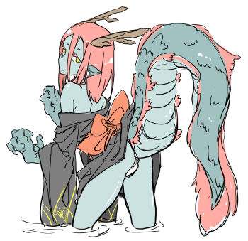 1girl animal_ear_fluff animal_ears animal_hands black_kimono blue_skin chiwa_(fcwv5738) claw_pose claws colored_eyelashes colored_skin commentary_request cowboy_shot dragon_ears dragon_girl dragon_horns dragon_tail eastern_dragon_horns eastern_dragon_tail from_behind fundoshi horns japanese_clothes kimono long_hair looking_at_viewer looking_back monster_girl original red_hair simple_background solo tail tail_raised wading water white_background yellow_eyes