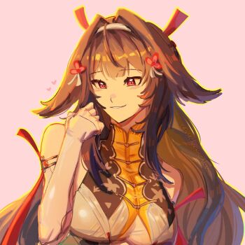 1girl animal_ears bare_shoulders blush breasts brown_hair china_dress chinese_clothes dress elbow_gloves gloves hair_ornament hand_in_own_hair large_breasts long_hair looking_to_the_side mscheckacheck pink_background red_eyes simple_background smile underboob upper_body ye_shunguang zenless_zone_zero
