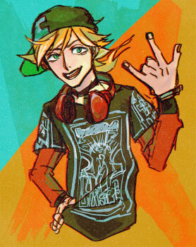 Rule 34 | appmon, asuka torajirou, blonde hair, digimon, digimon universe: appli monsters, green eyes, hat, headphones, sideways hat, tagme, torso