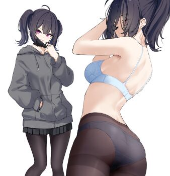 1girl :p absurdres ahoge ass black_hair black_hoodie black_pantyhose black_skirt blue_bra blue_panties bra breasts closed_mouth collarbone commentary_request defaultkavy drawstring feet_out_of_frame hair_ornament hand_in_pocket hand_up highres hood hood_down hoodie long_sleeves looking_at_viewer mask mask_pull medium_breasts miniskirt mouth_mask multiple_views one_eye_closed original panties panties_under_pantyhose pantyhose pleated_skirt profile purple_eyes short_hair simple_background skirt sleepy thighband_pantyhose tongue tongue_out twintails underwear white_background x_hair_ornament
