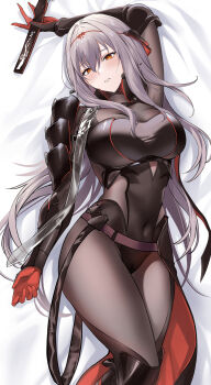 1girl black_bodysuit black_gloves bodysuit breasts comiket_107 commentary_request dakimakura_(medium) elbow_gloves gloves goddess_of_victory:_nikke grey_hair hairband highres large_breasts long_hair lying nr_noir official_alternate_costume on_back parted_lips red_eyes red_hairband scarlet_(black_shadow)_(nikke) scarlet_(nikke) solo thighs very_long_hair