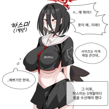 1girl absurdres aged_down black_choker black_hair black_skirt blue_archive breasts choker commentary_request feathered_wings hair_between_eyes halo hasumi_(blue_archive) highres huge_breasts jahe_(73732258) korean_commentary korean_text long_hair_between_eyes low_wings mole mole_under_eye nervous_sweating red_halo simple_background skirt solo speech_bubble sweat translation_request trinity_general_school_logo underboob wings