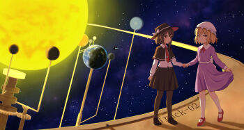 2girls :d absurdres black_capelet black_hat black_pantyhose black_shoes blush bow brown_eyes capelet closed_mouth collared_dress collared_shirt contrast_collar dress dress_ribbon earth_(planet) globe hat hat_bow highres holding_hands kneehighs long_sleeves maribel_hearn mary_janes mercury_(planet) mob_cap moon multiple_girls necktie open_mouth pantyhose planet purple_dress red_necktie red_ribbon red_shoes ribbon shiro_(user_1048334293) shirt shoes short_hair skirt_hold sleeve_cuffs smile socks space standing star_(sky) sun touhou usami_renko venus_(planet) walking white_bow white_hat white_shirt white_socks