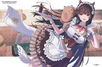 1girl animal_ears apron black_hair breasts brown_dress cake cake_slice chisa_(wuthering_waves) commentary_request cup dress drinking_glass fake_animal_ears food hands_up highres holding holding_tray korean_commentary large_breasts long_hair looking_to_the_side maid_headdress mole mole_under_eye namipon_(wuthering_waves) nininininil open_mouth puffy_short_sleeves puffy_sleeves red_eyes short_sleeves smile solo tray very_long_hair wuthering_waves