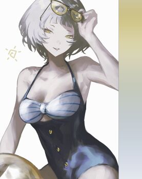 1girl adjusting_eyewear ball bare_shoulders beachball blue_one-piece_swimsuit blunt_bangs border breasts brown-framed_eyewear commentary_request cowboy_shot elizabeth_(persona) eyewear_on_head gradient_border grey_hair half-closed_eyes halterneck hand_on_eyewear hand_up highres holding holding_ball holding_beachball k1kiwa medium_breasts one-piece_swimsuit parted_lips persona persona_3 short_hair smile solo sun_symbol sunglasses swimsuit white_background yellow_eyes