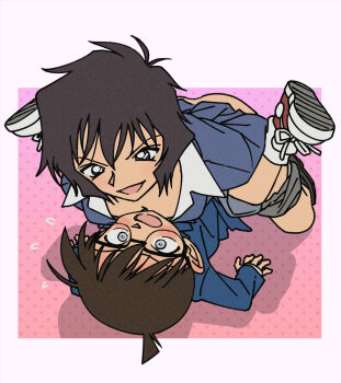 1boy 1girl age_difference amazon_position blue_jacket blush breasts clothed_sex commentary edogawa_conan femdom girl_on_top highres jacket medium_breasts meitantei_conan rape rustle school_uniform sera_masumi sex short_hair shota smile story_in_commentary