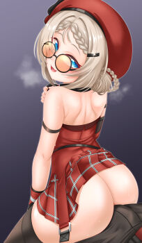 1boy 1girl :d absurdres ass astera_tofu bare_shoulders beret black_gloves black_pants blonde_hair blue_eyes blush bottomless braid commander_(girls&#039;_frontline) detached_sleeves fingerless_gloves from_behind girls&#039;_frontline girls&#039;_frontline_2:_exilium glasses gloves hair_ornament hairclip hand_on_own_chest hand_up hat hetero highres jacket leaning_forward looking_at_viewer looking_back medium_hair miniskirt mp5_(girls&#039;_frontline) no_panties open_mouth pants peri_(girls&#039;_frontline_2) pleated_skirt red_hat red_jacket red_skirt seductive_smile single_detached_sleeve sitting sitting_on_person skirt smile sunglasses thighhighs thighs