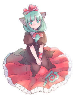1girl animal_ears blush bow cat_ears closed_mouth collar commentary_request dot_mouth dress frilled_collar frilled_dress frills green_eyes green_hair hair_bow hair_ribbon kagiyama_hina kemonomimi_mode long_hair own_hands_together puffy_short_sleeves puffy_sleeves rangycrow red_bow red_dress red_ribbon ribbon short_sleeves simple_background sitting solo touhou white_background