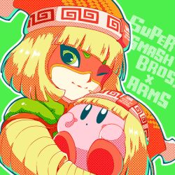 Rule 34 | arms (game), blonde hair, blush stickers, colored skin, copy ability, cosplay, domino mask, green background, green eyes, kirby, kirby (series), knit hat, mask, min min (arms), min min (arms) (cosplay), nintendo, one eye closed, outline, pink skin, short hair, solid oval eyes, super smash bros., white outline, yuni (unitary 580)