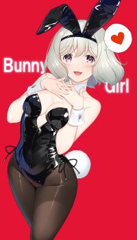 1girl animal_ear_hairband animal_ears black_leotard black_pantyhose blush breasts commentary_request detached_collar english_text fake_animal_ears fake_tail feet_out_of_frame grey_hair hairband hands_on_own_chest hataraki_kuma heart highleg highleg_leotard highres interlocked_fingers large_breasts leotard looking_at_viewer mole mole_under_eye open_mouth original own_hands_together pantyhose playboy_bunny purple_eyes rabbit_ear_hairband rabbit_ears rabbit_tail red_background shiny_clothes short_hair side-tie_leotard smile solo spoken_heart standing strapless strapless_leotard tail text_background white_wrist_cuffs wrist_cuffs