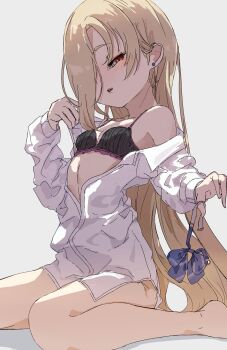 1girl black_bra blonde_hair blush bra breasts commentary_request earrings hair_over_one_eye highres idolmaster idolmaster_cinderella_girls jewelry kentake04 long_hair looking_at_viewer naughty_face red_eyes shirasaka_koume shirt sitting sketch small_breasts solo stud_earrings underwear undressing very_long_hair wariza white_shirt