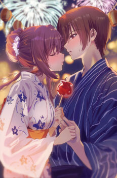 Rule 34 | 1boy, 1girl, a-chan (little busters!), aerial fireworks, alternate costume, alternate hairstyle, blue kimono, blush, brown eyes, brown hair, candy apple, clenched hand, closed eyes, commentary request, couple, eyelashes, facing another, festival, fireworks, floral print, floral print kimono, flower, food, from side, hair between eyes, hair bun, hair flower, hair ornament, hetero, highres, holding, holding candy apple, holding food, imminent kiss, japanese clothes, kimono, lantern, lips, little busters!, long hair, long sleeves, looking at another, miiizuno lbs, natsume kyousuke, night, open mouth, outdoors, paper lantern, parted lips, print kimono, profile, short hair, sidelocks, single hair bun, striped clothes, striped kimono, sweat, tsurime, upper body, vertical-striped clothes, vertical-striped kimono, white flower, white kimono, wide sleeves, yukata