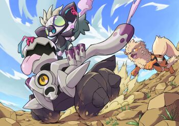 Rule 34 | arcanine, blue sky, brown eyes, chasing, cloud, day, dust cloud, fangs, gen 1 pokemon, grafaiai, grass, green eyes, highres, nintendo, on ground, open mouth, pokemon, pokemon (creature), q-chan, revavroom, riding, riding pokemon, rock, sky, tongue, tongue out, yellow eyes