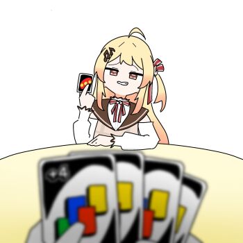 Rule 34 | 1girl, ahoge, blonde hair, blurry, blurry foreground, card, fortissimo, hair ornament, highres, holding, holding card, hololive, hololive dev is, long hair, musical note, musical note hair ornament, otonose kanade, otonose kanade (1st costume), pov, pov hands, rainee, red eyes, smug, uno (game), virtual youtuber, white background