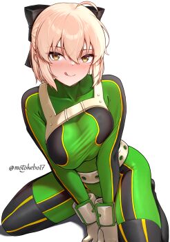 1girl ahoge asui_tsuyu asui_tsuyu_(cosplay) belt black_bow black_thighhighs blonde_hair blush bodysuit boku_no_hero_academia bow breasts chest_harness commentary_request cosplay fate/grand_order fate_(series) gloves green_bodysuit grey_gloves hair_bow harness highres large_breasts licking_lips long_sleeves looking_at_viewer motokebo17 okita_souji_(fate) short_hair sitting smile solo thighhighs tongue tongue_out yellow_eyes