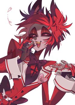 1boy alastor_(hazbin_hotel) animal_ears black_bow black_bowtie black_gloves bow bowtie claws colored_sclera colored_teeth colored_tips commentary cookie eyeshadow food formal_clothes gloves half-closed_eyes hashtag-only_commentary hazbin_hotel hellaverse highres holding holding_plate jacket lapels looking_at_viewer makeup male_focus monocle multicolored_hair plate raised_eyebrows red-tinted_eyewear red_eyes red_eyeshadow red_hair red_jacket red_sclera red_theme sharp_teeth solo suit symbol-only_commentary teeth tinted_eyewear tmt_030 upper_body yellow_teeth