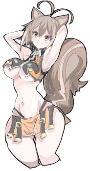 1girl animal_ears armpits arms_behind_head bare_shoulders blazblue blush breasts brown_eyes brown_hair crop_top enpe large_breasts makoto_nanaya microskirt midriff short_hair skirt sleeveless smile squirrel_ears squirrel_girl squirrel_tail tail underboob wide_hips