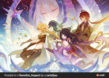 10juu 2girls 3boys abstract_background aether_(genshin_impact) ahoge armor artist_name blessing_of_the_welkin_moon blonde_hair blue_cloak blunt_bangs blurry blurry_foreground braid braided_bangs breasts bridal_gauntlets brown_hair capelet chinese_clothes cleavage cloak closed_eyes closed_mouth collarbone collared_shirt crop_top crossed_arms flower_ornament formal_clothes friends from_side genshin_impact gloves gradient_hair green_capelet green_hair hair_between_eyes hair_ornament hair_ribbon hat head_tilt hood hood_up hooded_cloak huge_ahoge japanese_clothes kimono large_breasts leaning_forward light_smile long_braid long_sleeves low_ponytail multicolored_hair multiple_boys multiple_girls necktie off_shoulder outdoors pants parted_lips ponytail primogem purple_eyes purple_hair purple_kimono raiden_shogun red_lips red_sash reddit_logo reddit_username ribbon sash shirt short_hair shoulder_armor single_bare_shoulder single_braid standing suit thighhighs thighs upper_body venti_(genshin_impact) white_hair zhongli_(genshin_impact)