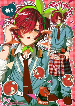 1boy alternate_costume audio_jack badge baggy_pants beamed_eighth_notes belt blue_pants blue_sweater blush bracelet button_badge cable_divider cherry_earrings cherry_pop_(vocaloid) chibi chibi_inset closed_mouth collared_shirt commentary denim doodle_inset ear_cuffs earrings eighth_note empty_eyes food-themed_earrings food_themed_earrings green_headband ha_yun hair_between_eyes hair_ornament hair_over_one_eye hairclip hairpin head_tilt headband headphones headphones_around_neck heart heart_hair_ornament heart_hands highres jeans jewelry layered_shirt looking_at_viewer looking_to_the_side male_focus mismatched_earrings mole mole_under_eye multiple_belts multiple_hairpins multiple_views musical_note necktie nijisanji nijisanji_kr open_mouth outline pants pants_under_skirt plaid_background plaid_clothes plaid_skirt platform_shoes print_skirt projected_inset red_hair red_nails red_necktie red_shoes red_skirt ribbon-trimmed_headwear ribbon_trim shirt shoes short_hair sidelocks skirt song_name star_(symbol) sticker sweater symbol-only_commentary thick_outlines three-quarter_sleeves tie_clip virtual_youtuber walkman watch white_belt white_outline white_shirt wing_collar wogyu wristwatch yellow_eyes