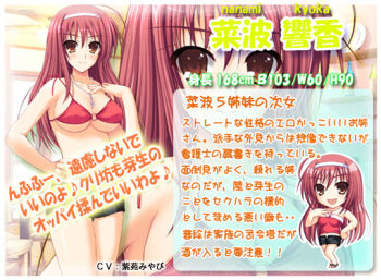 1girl :d arm_up bikini boku_to_gonee_to_umi_no_year!! breasts character_profile chibi chibi_inset cleavage denim denim_shorts hairband large_breasts long_hair looking_at_viewer nanami_kyouka o-ring o-ring_bikini official_art open_mouth red_bikini red_eyes red_hair shorts smile swimsuit tomose_shunsaku translation_request white_hairband zoom_layer