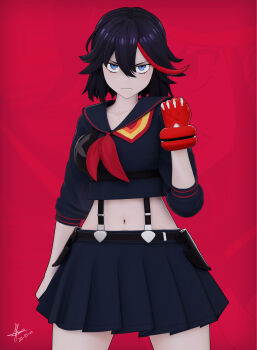1girl 3d absurdres black_hair black_sailor_collar black_shirt black_skirt blender_(medium) clenched_teeth closed_mouth cowboy_shot cropped_shirt dated fingerless_gloves gloves hair_between_eyes hand_up highres kill_la_kill kleymir legs_apart looking_at_viewer matoi_ryuuko multicolored_hair navel neckerchief pleated_skirt red_gloves red_hair red_neckerchief sailor_collar sanpaku shirt short_hair signature single_glove skirt solo streaked_hair suspenders teeth two-tone_hair v-shaped_eyebrows zoom_layer