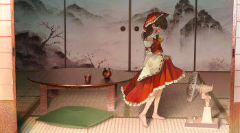 Rule 34 | 1girl, absurdres, ascot, barefoot, bow, brown hair, chabudai, closed eyes, closed mouth, clothes lift, collared shirt, commentary request, dedemaru, detached sleeves, electric fan, frilled bow, frilled hair tubes, frills, full body, green pillow, hair bow, hair tubes, hakurei reimu, highres, holding, indoors, long hair, long sleeves, pillow, red bow, red shirt, red skirt, ribbon-trimmed sleeves, ribbon trim, shirt, sidelocks, skirt, skirt lift, skirt set, sleeveless, sleeveless shirt, solo, standing, sweat, table, tatami, touhou, white sleeves, wide sleeves, yellow ascot