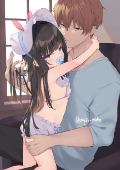 1boy 1girl age_play black_hair bloomers bonnet bra breasts brown_hair commentary_request grey_eyes hetero hug loli long_hair original pacifier paid_reward_available partial_commentary small_breasts underwear usagimiko very_long_hair white_bloomers white_bra