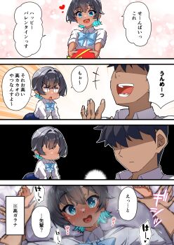 1boy 1girl black_hair blue_bow blue_bowtie blue_hair blush bow bowtie bright_pupils commentary_request gift hand_size_difference heart heart_in_mouth highres holding holding_gift kirimmitsu kiyase_suru_kouhai_(kirimmitsu) lying on_back open_mouth original school_uniform shirt short_hair skirt speech_bubble sweat translation_request white_pupils white_shirt