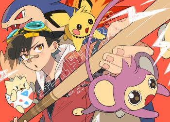 1boy 2024 aipom animal_nose backwards_hat baseball_cap birthday black_hair blue-tinted_eyewear blue_fur blush cue_stick dot_nose egg eggshell ethan_(pokemon) fangs fingernails fire gen_2_pokemon hair_tuft happy_birthday hat highres holding holding_cue_stick hood hood_down hooded_jacket jacket lightning_bolt_symbol long_sleeves looking_at_viewer male_focus momotose_(hzuu_xh4) monkey nintendo open_mouth pichu pokemon pokemon_(creature) pokemon_adventures purple_fur red_eyes red_jacket short_hair sound_effects tinted_eyewear togepi triangle typhlosion white_hood yellow-framed_eyewear yellow_eyes yellow_fur