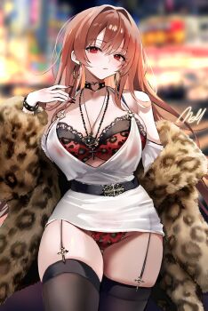 1girl absurdres animal_print bare_shoulders black_choker black_garter_straps black_nails black_thighhighs bra breasts checkered_necktie choker commentary commission detached_sleeves dress earrings english_commentary fingernails fur_jacket garter_straps hair_between_eyes highres hoop_earrings jacket jewelry lace lace-trimmed_bra lace_trim large_breasts leopard_print leopard_print_bra leopard_print_panties long_fingernails long_hair mell_(dmwe3537) necktie open_clothes open_jacket orange_hair original panties print_bra print_panties red_bra red_eyes red_panties short_dress solo thighhighs underwear white_dress