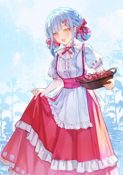 Rule 34 | absurdres, apron, bang dream!, bang dream! it's mygo!!!!!, blue hair, bow, chinese commentary, commentary request, double bun, dress, food, food print, frilled dress, frills, fruit, fruit print, hair bow, hair bun, hair ornament, hairclip, highres, holding, holding own dress, layered dress, open mouth, puffy short sleeves, puffy sleeves, sakura amano, short sleeves, sidelocks, sketch, smile, solo, strawberry, togawa sakiko, yellow eyes