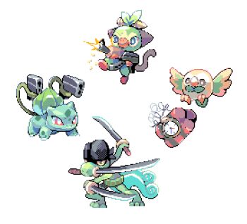 animal_focus bandana bird black_bandana bomb bright_pupils bulbasaur closed_mouth commentary cosplay dual_wielding english_commentary explosive firing gen_1_pokemon gen_3_pokemon gen_7_pokemon gen_8_pokemon grookey gun highres holding holding_gun holding_weapon monkey nintendo no_humans one_piece owl pixel_art plant pokemon pokemon_(creature) red_eyes robin_(pixelated_robin) roronoa_zoro roronoa_zoro_(cosplay) rowlet simple_background smile standing sword tail talons time_bomb treecko v-shaped_eyebrows vines weapon white_background white_pupils wings