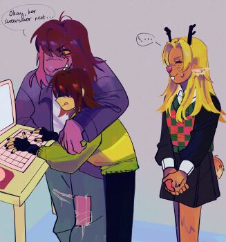 ... 2girls :q absurdres antlers arm_around_shoulder black_gloves black_nails black_shirt black_skirt blonde_hair blue_pants brown_hair checkered_sweater_vest collared_shirt colored_sclera colored_skin commentary computer computer_keyboard deer_antlers deer_girl deer_tail deltarune english_commentary english_text fingerless_gloves furry furry_female gloves green_sweater halfmoonstruck highres horns jacket kris_(deltarune) long_hair medium_hair multiple_girls noelle_holiday pants purple_jacket purple_skin reptile_girl shirt skirt small_sweatdrop smile spoken_ellipsis striped_clothes striped_sweater susie_(deltarune) sweater table tail tongue tongue_out torn_clothes torn_pants typing utdr_(toby_fox) yellow_sclera