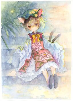 Rule 34 | 1girl, :o, absurdres, alternate costume, animal ears, black shoes, brown eyes, brown hair, cat ears, cat girl, cat tail, chen, commentary request, dress, expressionless, floral print, frills, full body, hair between eyes, hat, highres, medium hair, multiple tails, parted lips, red tabard, shoes, sitting, sitting on stairs, solo, stairs, syukou, tabard, tail, touhou, traditional media, two tails, very long sleeves, white dress