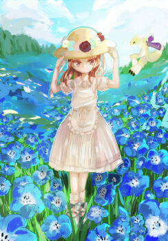 black_sclera brown_hair colored_sclera digimon digimon_(creature) digimon_tamers field flower flower_field fox_tail furry hair_ornament hairpin long_hair makino_ruki pixiv_(264841) renamon tail