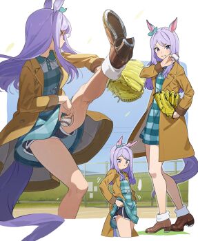 1girl animal_ears aqua_bow ball baseball baseball_(object) baseball_glove black_shorts blue_dress blush bow breasts brown_coat coat commentary_request dress ear_bow highres holding horse_ears horse_girl horse_tail horseshoe long_hair long_sleeves mejiro_mcqueen_(umamusume) nishiki_kazue open_clothes open_coat open_mouth parted_lips pitching purple_eyes purple_hair shoes shorts shorts_under_dress smile socks standing standing_on_one_leg tail teeth umamusume white_socks