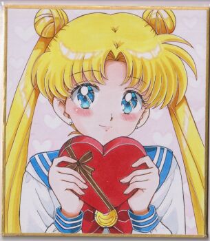 Rule 34 | 1girl, bishoujo senshi sailor moon, blonde hair, blue eyes, blue sailor collar, blue trim, blush, bow, box, box of chocolates, brown ribbon, chikoto (kztc4472), closed mouth, commentary, double bun, earrings, hair bun, hands up, heart, heart-shaped box, heart background, highres, holding, holding box, jewelry, lips, lone nape hair, long hair, long sleeves, looking at viewer, parted lips, photo (medium), picture frame, pink background, red bow, ribbon, sailor collar, school uniform, serafuku, shirt, smile, solo, traditional media, transformation brooch (sailor moon), tsukino usagi, upper body, valentine, white shirt