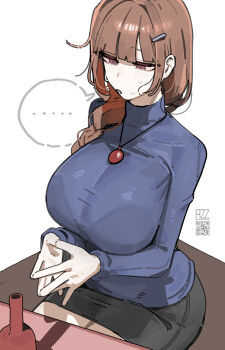 ... 1girl azz0422 black_skirt blue_sweater blush braid breasts brown_eyes brown_hair highres jewelry large_breasts long_hair miniskirt original pendant side_braid simple_background sitting skirt solo speech_bubble sweater white_background