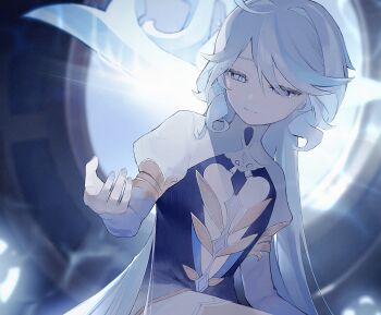 absurdres blue_eyes blue_hair blue_nails commentary_request dress drop-shaped_pupils eyes_visible_through_hair focalors_(genshin_impact) genshin_impact gold_trim hair_between_eyes half-closed_eyes heterochromia highres long_hair long_sleeves multicolored_hair puffy_sleeves ryo_(ryo_0x0_06) symbol-shaped_pupils tearing_up tears two-tone_hair white_hair