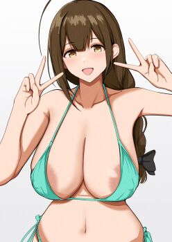 1girl ahoge areola_slip bikini black_bow blush bow braid braided_ponytail breasts brown_hair center-flap_bangs cleavage collarbone commentary covered_erect_nipples cowboy_shot double-parted_bangs double_v gradient_background green_bikini grey_background hair_ribbon highres huge_ahoge idolmaster idolmaster_shiny_colors kuwayama_chiyuki large_breasts long_hair looking_at_viewer myanyuki_h navel open_mouth ribbon side-tie_bikini_bottom simple_background smile solo swimsuit tress_ribbon v white_background yellow_eyes