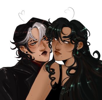 2girls batman_(series) black_hair blue_eyes breasts brown_eyes dark-skinned_female dark_skin dc_comics genderswap genderswap_(mtf) green_lantern_(series) highres jacket jason_todd kyle_rayner long_hair multicolored_hair multiple_girls open_clothes short_hair simple_background starr_steph23 tan two-tone_hair yuri