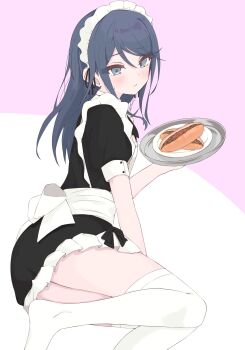 1girl alternate_costume apron arm_support black_dress black_hair blush bow breasts closed_mouth dot_nose dress enmaided frilled_apron frilled_dress frills from_side grey_eyes hair_between_eyes hand_up hashtag-only_commentary highres holding holding_tray hoshino_ichika_(project_sekai) long_hair looking_at_viewer maid maid_apron maid_headdress pink_background project_sekai puffy_short_sleeves puffy_sleeves short_dress short_sleeves simple_background sitting small_breasts solo sweatdrop thighhighs tray turning_head two-tone_background white_apron white_background white_bow white_thighhighs yakisobapan yaoi919 yokozuwari